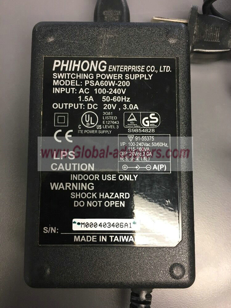 NEW 20V 3A PHIHONG PSA60W-200 AC Adapter NEW 20V 3A PHIHONG PSA60W-200 AC Adapter